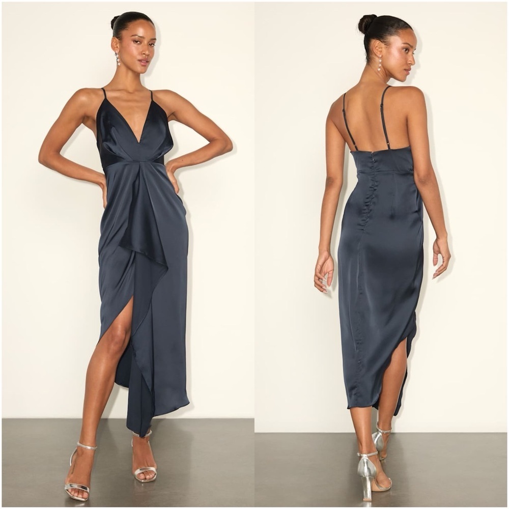 LULU’S Caught Feelings Navy Blue Satin Ruffled Midi Dress